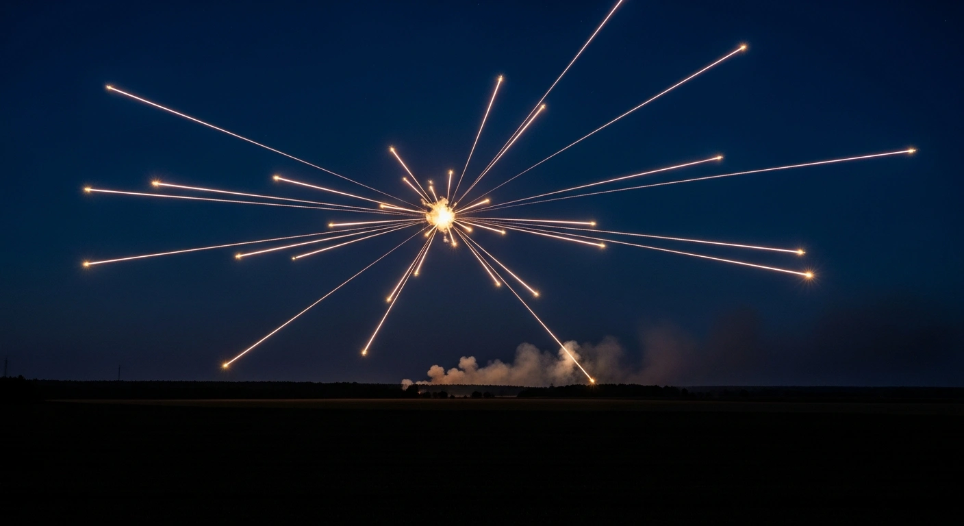Russian air defense systems fire tracers into the night sky to intercept multiple incoming drones over a rural region.