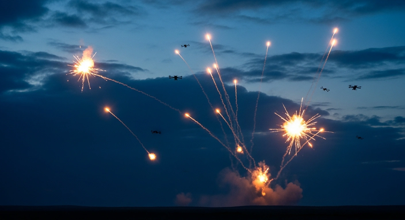 Russian air defense systems fire interceptor missiles at multiple Ukrainian drones in the night sky over a conflict zone.