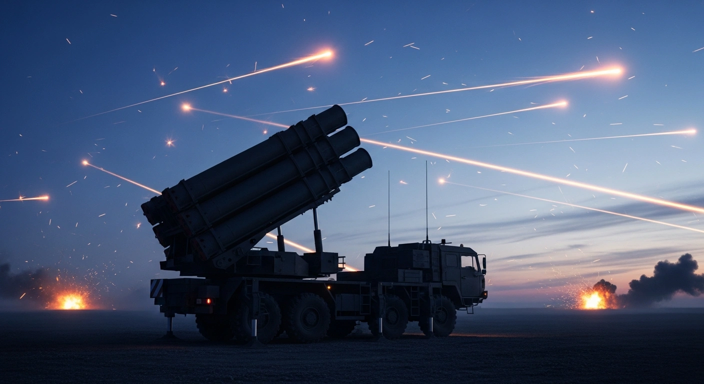 A Russian mobile air defense system tracks and intercepts multiple unmanned aerial vehicles in the night sky during an intense military engagement.