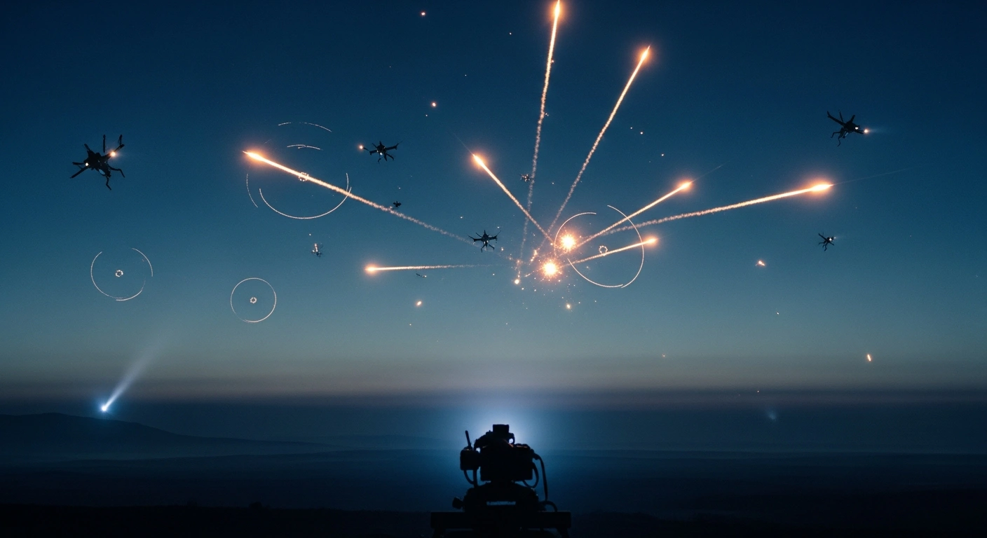 Russian air defense systems fire missiles into the night sky to intercept a large swarm of incoming drones.