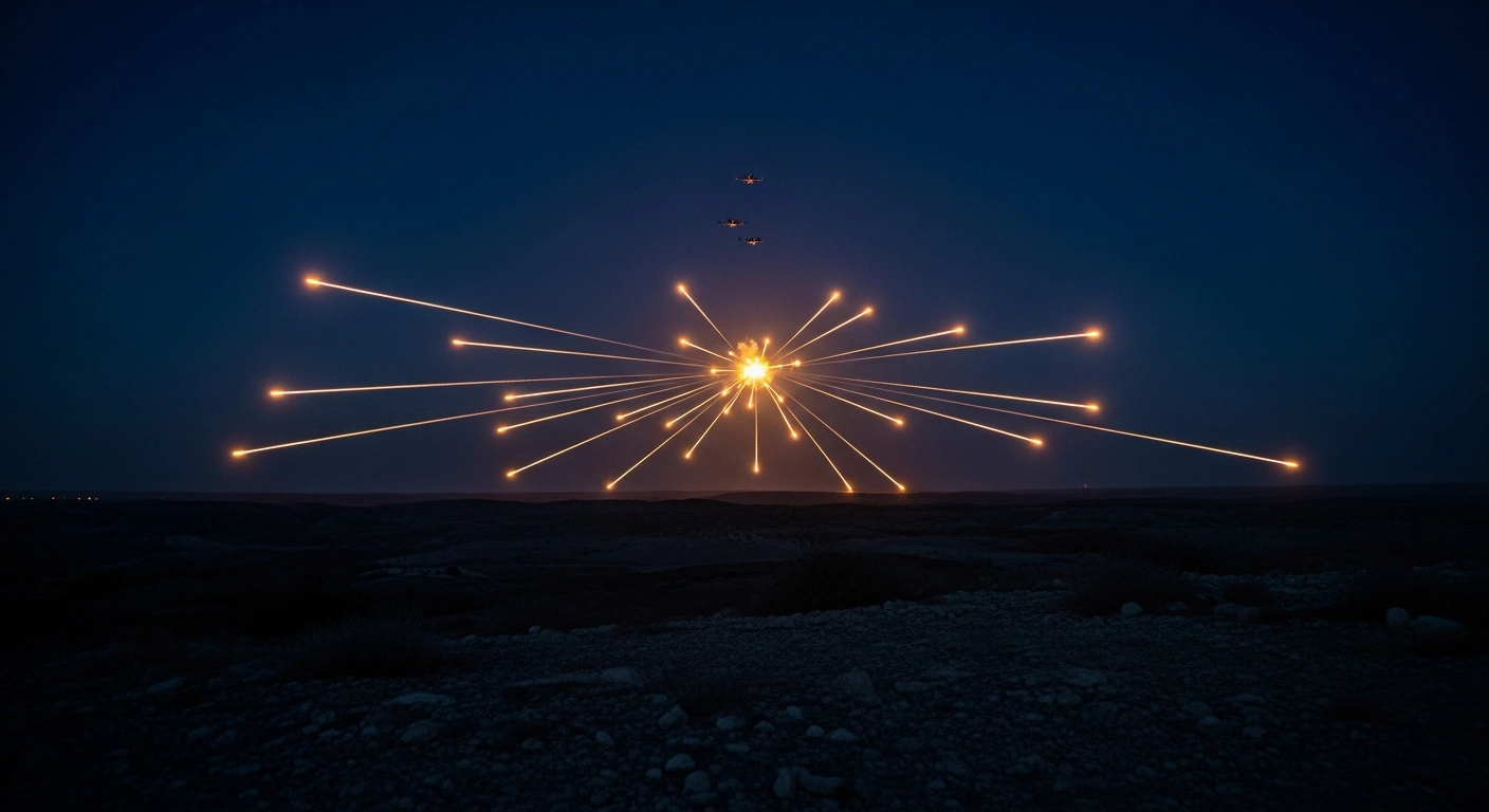 Russian air defense systems fire tracer rounds into the night sky to intercept multiple Ukrainian drones over a dark landscape.