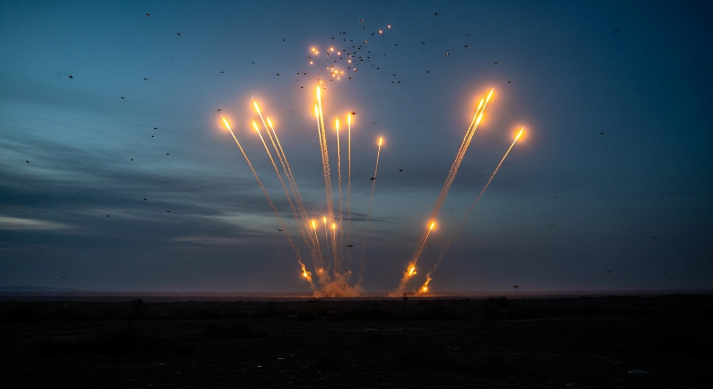Russian air defense systems fire missiles into the night sky to intercept a large swarm of Ukrainian drones.