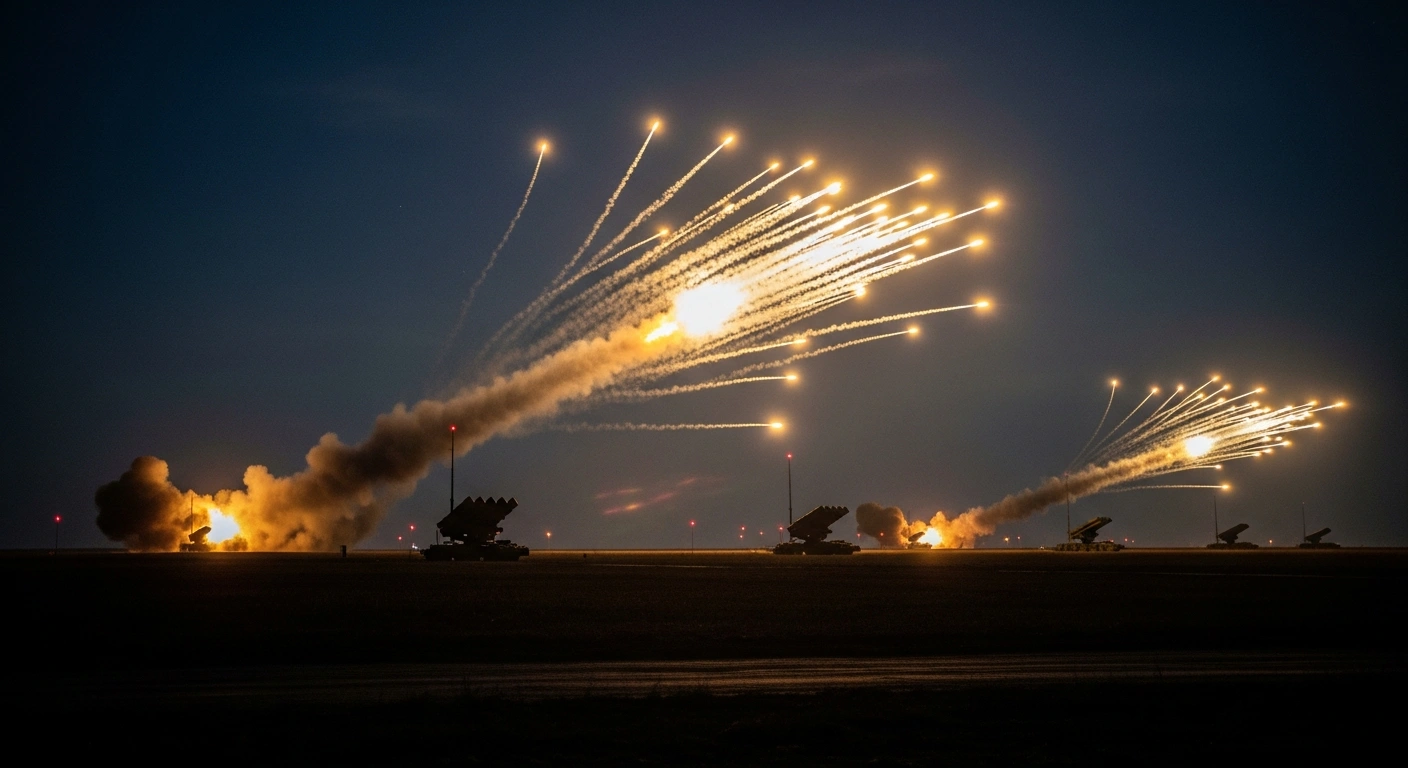 Russian air defense systems fire missiles into the night sky to intercept a large swarm of Ukrainian drones.