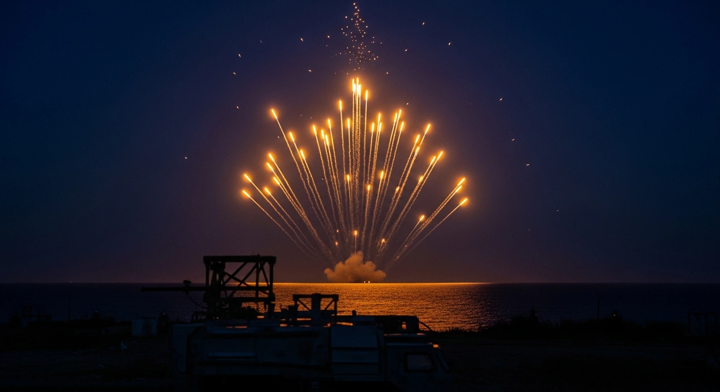 Russian air defense systems fire missiles into the night sky to intercept a large swarm of Ukrainian drones over a coastal region.