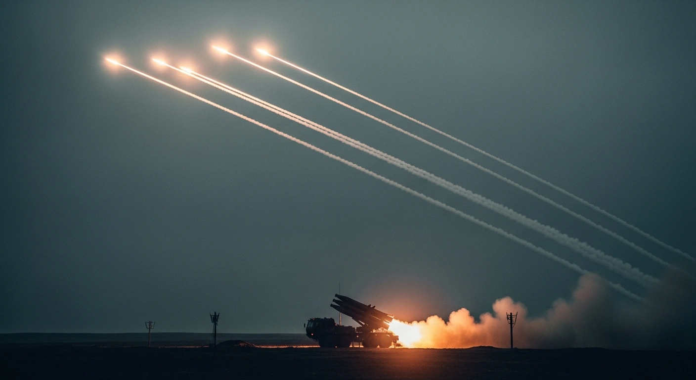 A Russian air defense system launches interceptor missiles into the night sky to neutralize multiple incoming drones over a wide geographic region.