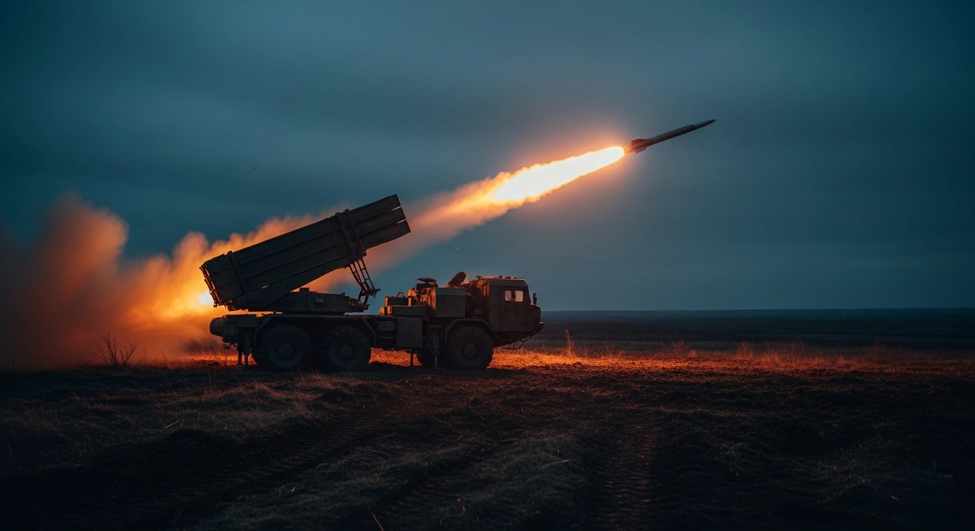 A worn Russian air defense missile launcher fires a projectile into the sky amidst a desolate, smoke-filled landscape during the conflict in Ukraine.