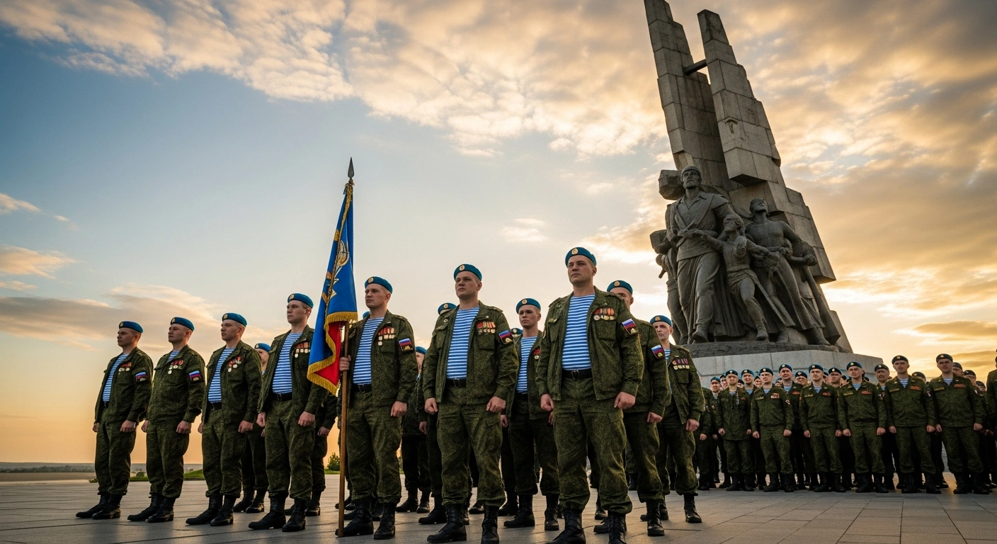 A group of Russian VDV paratroopers stands in formation during an Airborne Forces Day ceremony to honor their military service and history.