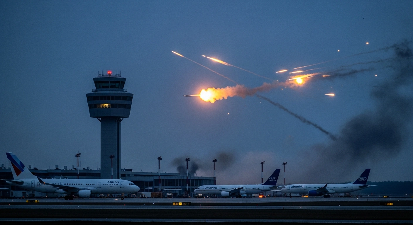 A Russian airport control tower stands in the foreground while anti-aircraft fire illuminates the night sky during a drone attack.