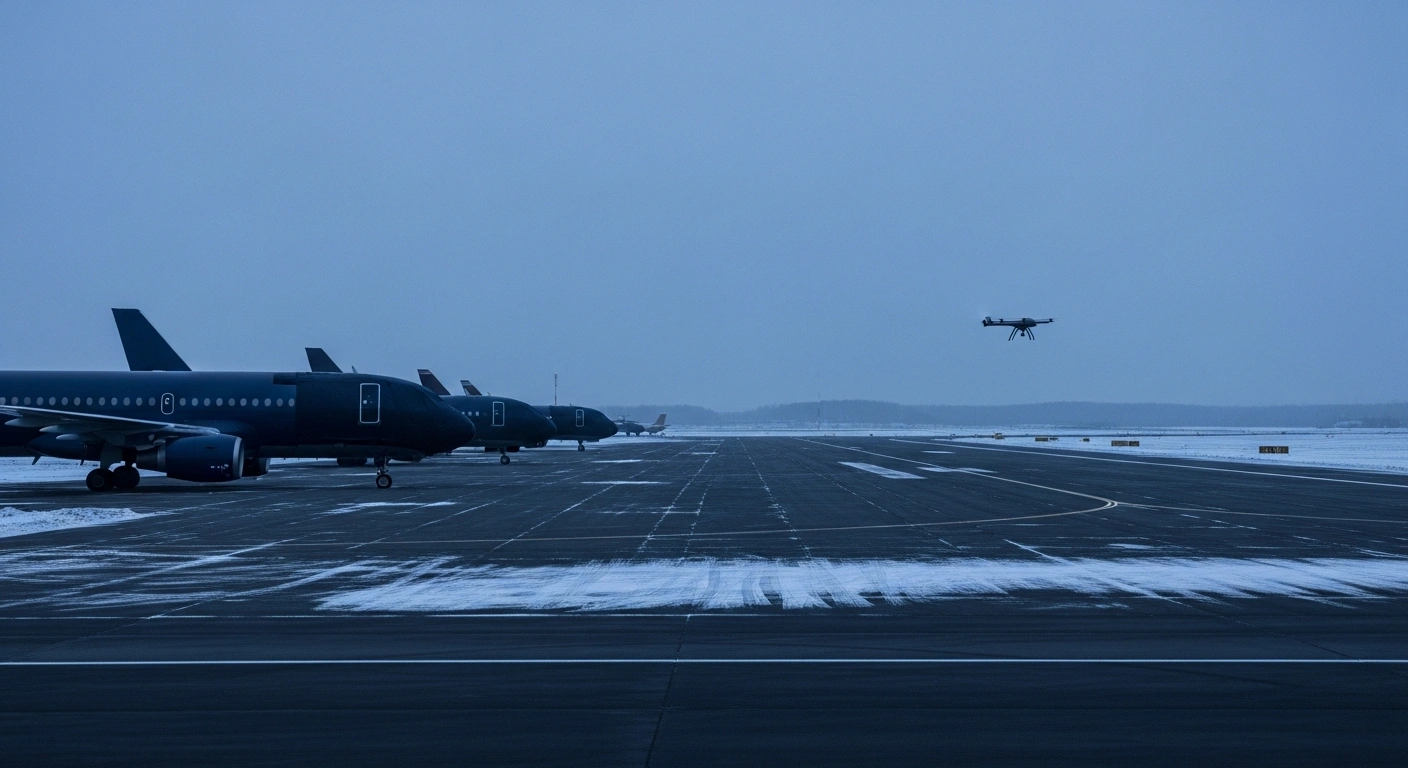 A row of grounded passenger airplanes sits on a deserted runway at a Russian airport where operations have been suspended due to the threat of drone attacks.