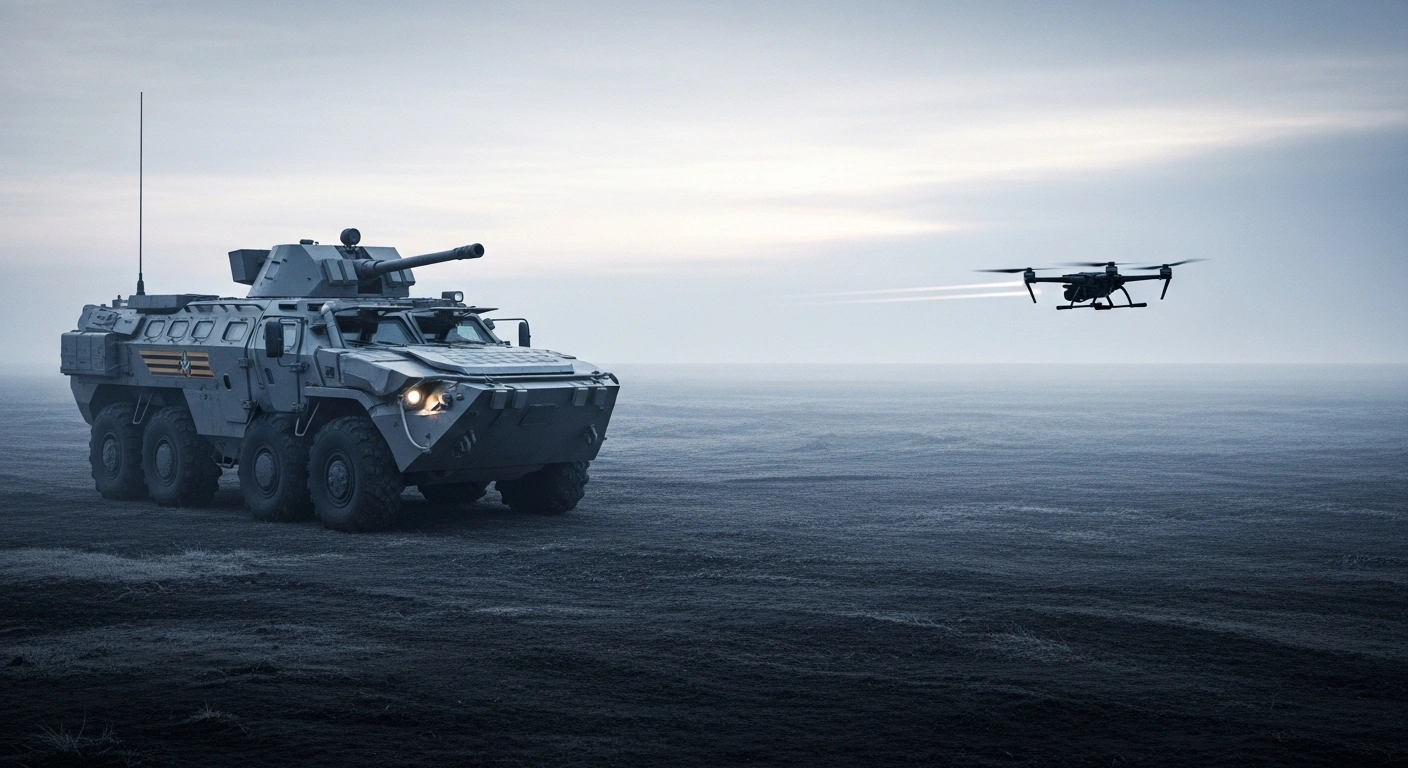 A Russian armored vehicle equipped with an Arena-M active protection system stands vulnerable in a desolate, war-torn landscape as a small FPV drone approaches it under a pre-dawn sky.