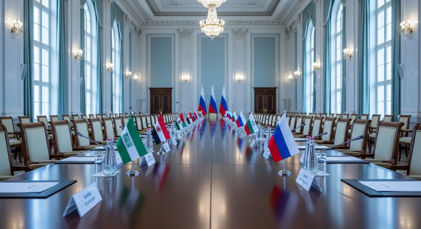 An empty, opulent conference hall in Moscow, set with Russian and various Arab nation flags, symbolizes the postponement of the Russian-Arab Summit due to U.S. President Donald Trump's Gaza peace plan affecting Arab leaders' attendance.