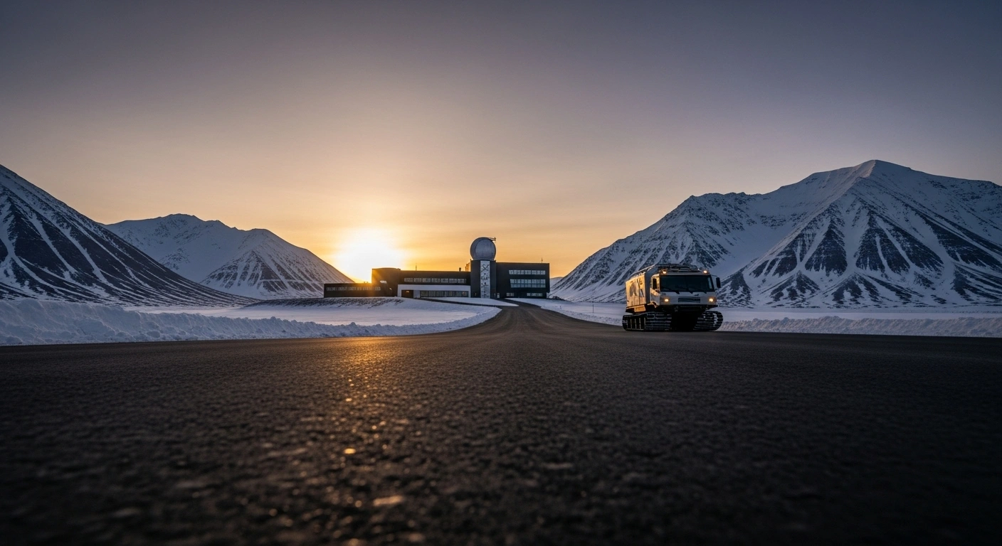 A modern, well-lit research facility stands against snow-capped peaks in the vast Arctic macroregion under a low sun, symbolizing the Russian Government's socioeconomic development plans as part of the 'Arctic 2035' strategy.