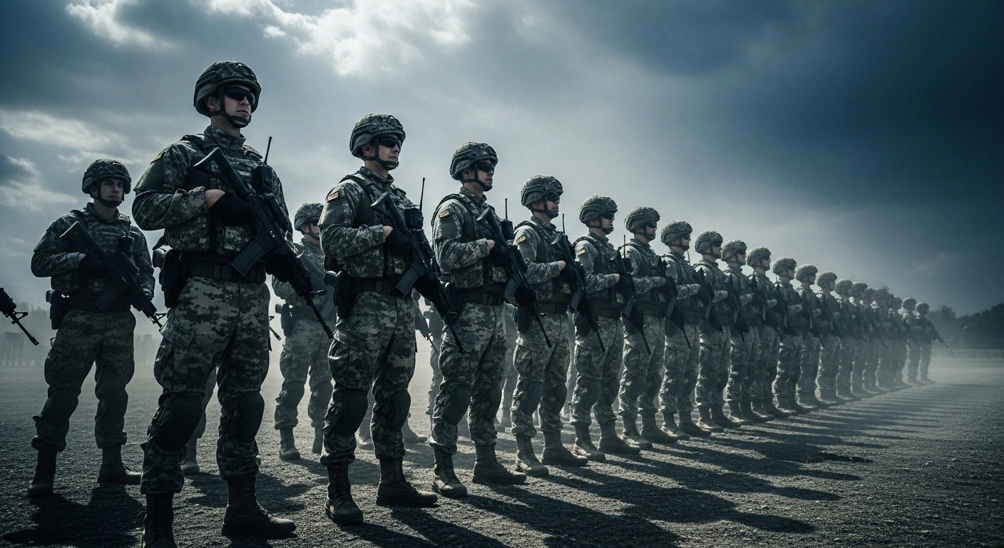 A line of Russian soldiers stands in formation during a military training exercise as part of the expansion of the Russian Armed Forces.
