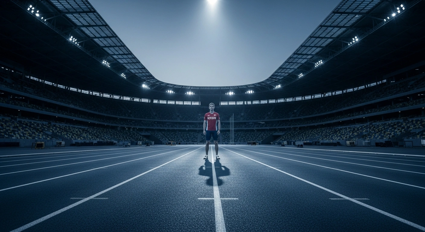 A lone Russian athlete stands in a desolate, empty stadium, representing the impact of international isolation on Russian sports performance.