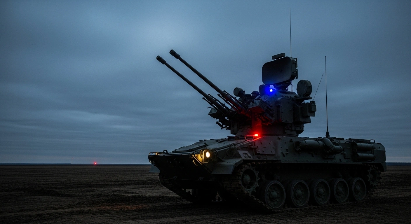 An automated Russian air defense system, featuring modernized ZU-23-2 anti-aircraft guns and 6P49 'Kord' machine guns, stands ready on the Kapustin Yar test range, equipped with optical-electronic sighting and radar for defense against drone attacks.
