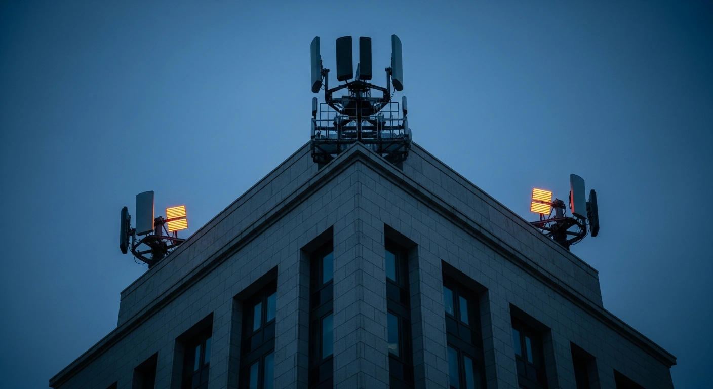 Modern electronic warfare and jamming equipment installed on the roof of a bank building to defend against drone threats.