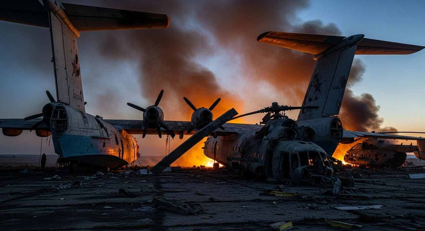 The charred wreckage of two Russian Be-12 Chayka anti-submarine amphibious aircraft and an Mi-8 helicopter lies on an airfield in occupied Crimea, following their destruction by Ukrainian military intelligence.