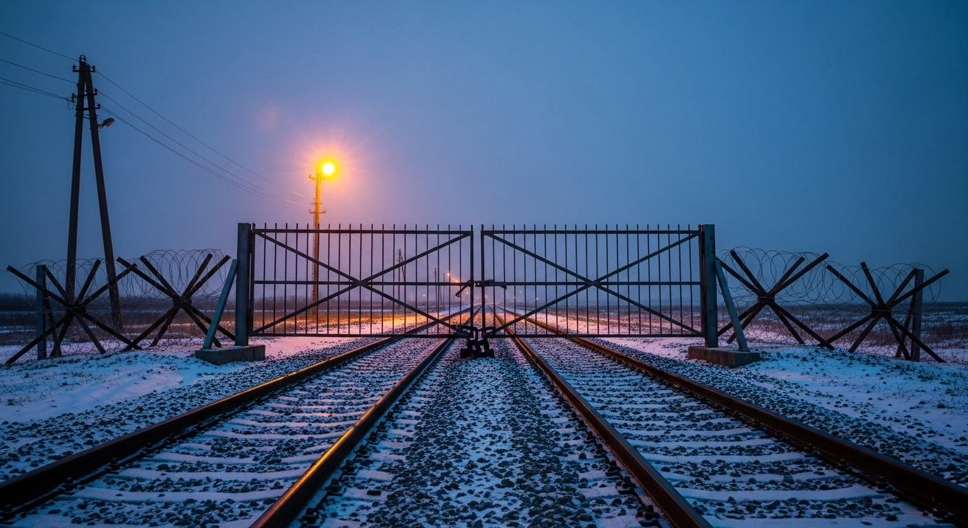 A closed border checkpoint with locked steel gates blocks train tracks at the Russian border with Finland, Estonia, and Latvia.