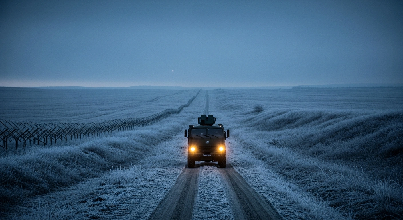 A military patrol vehicle monitors a desolate border landscape as part of the Russian security buffer zone expansion.