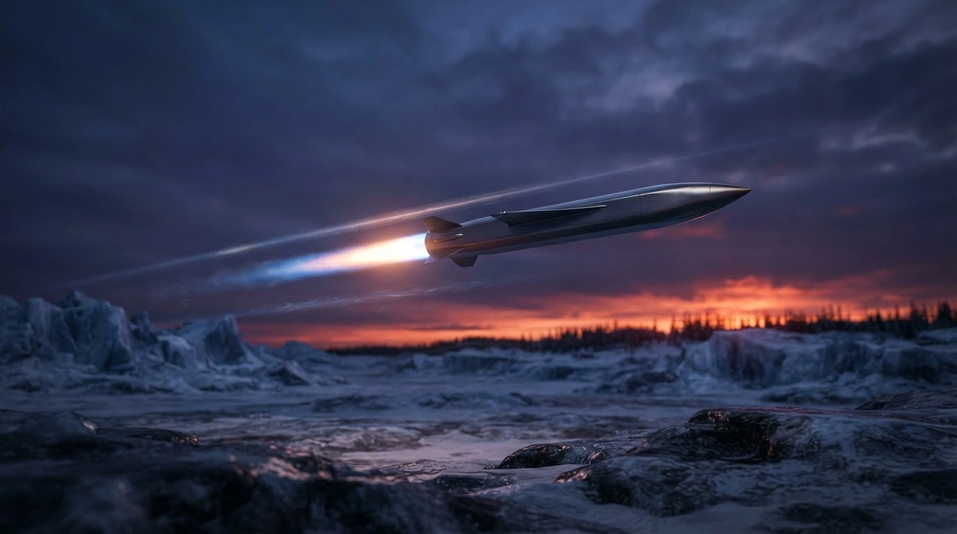 A Russian Burevestnik nuclear-powered cruise missile flies over a remote arctic landscape during a successful flight test.