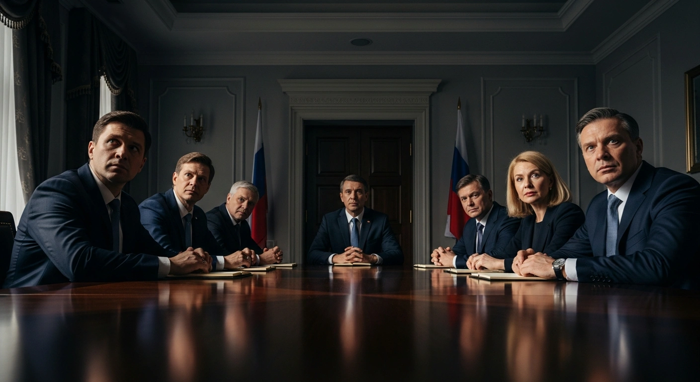 A group of stern-faced Russian business leaders are gathered around a large, polished table in a dimly lit, opulent room, looking towards an unseen authority, symbolizing their appeal to President Vladimir Putin regarding state asset seizures.