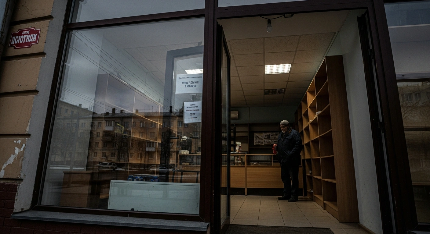 A low-angle shot of a dimly lit, desolate storefront in a Russian city, showing a weary proprietor amidst sparse shelves, symbolizing the significant strain on small and medium-sized Russian businesses due to new wartime tax policies, increased corporate taxes, and lowered revenue thresholds.