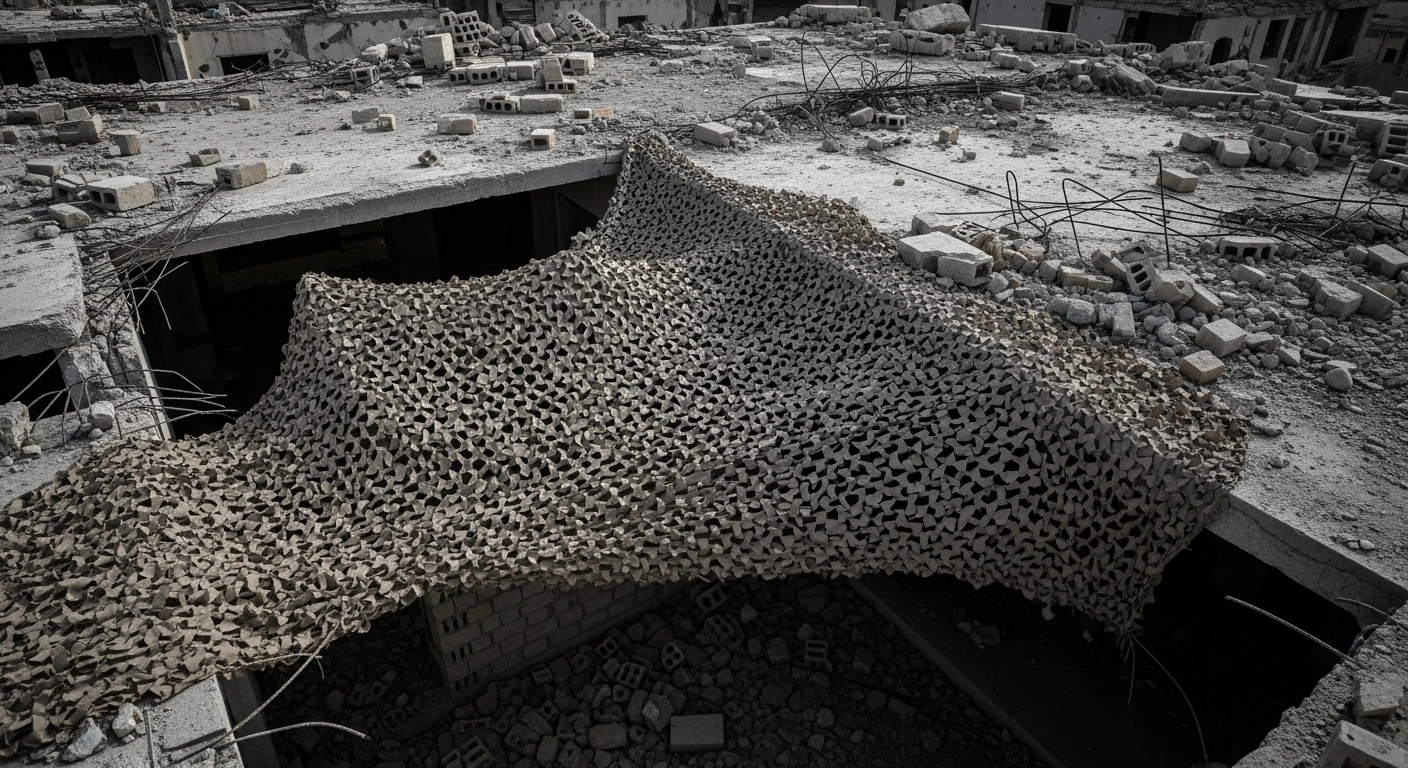 A high-angle view shows a military position covered by a new camouflage net designed to mimic bricks and building debris, blending into urban rubble to conceal Russian Armed Forces equipment from drone surveillance.