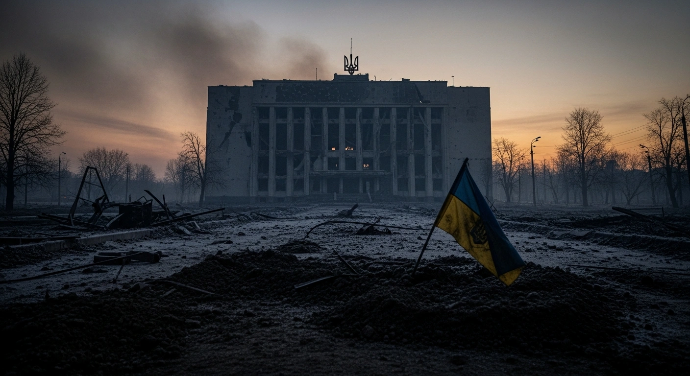 A wide, low-angle shot depicts the desolate, war-torn landscape of a Ukrainian town in the Donetsk region at pre-dawn, with the skeletal remains of a building silhouetted against a smoke-tinged sky and churned earth in the foreground, symbolizing the recent capture and claimed casualties amidst ongoing hostilities.