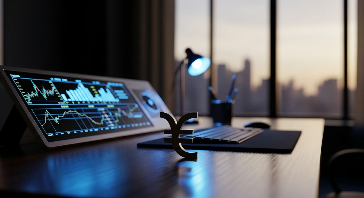 A professional office setting displays financial data representing the euro to ruble exchange rate set by the Central Bank of the Russian Federation.