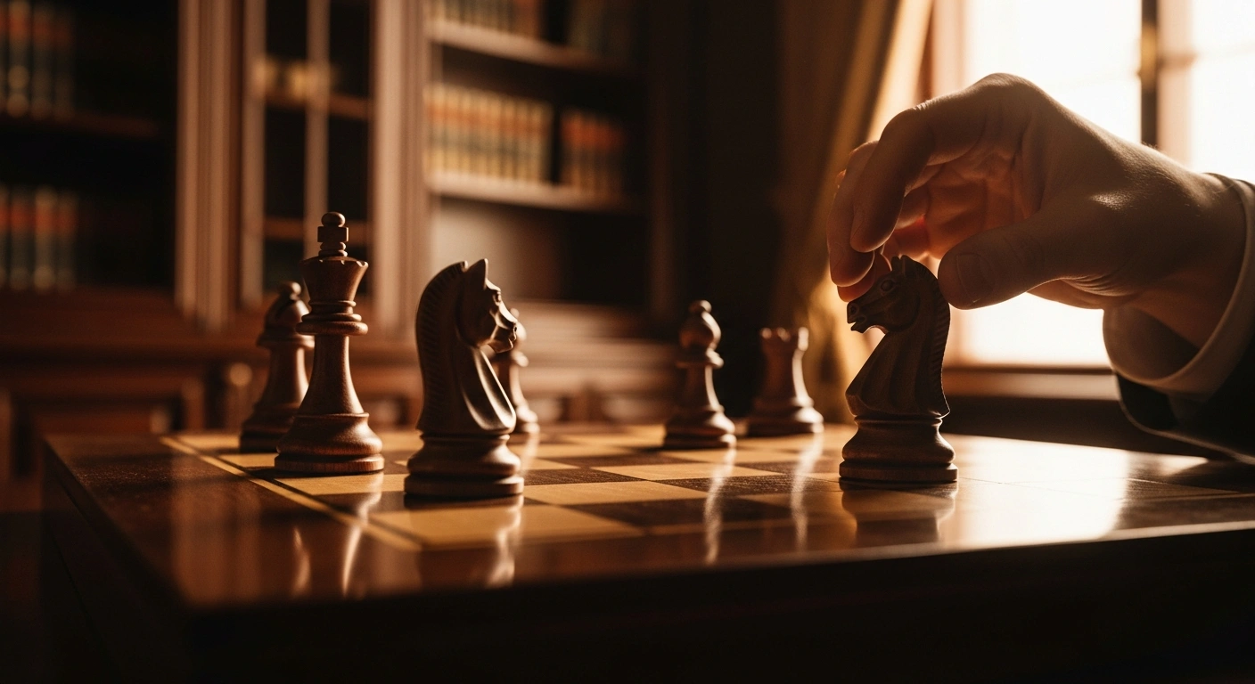 A close-up view of a wooden chess set in a study, honoring the tradition of the Russian chess school on International Chess Day.