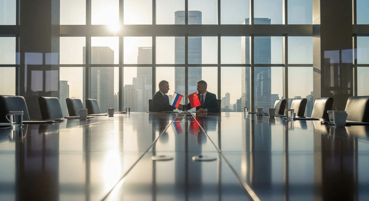 A wide-angle shot captures two distinguished male officials, one Russian and one Chinese, shaking hands firmly across a vast, polished conference table in a sleek, modern Beijing meeting room, symbolizing the 12th Russian-Chinese Investment Cooperation meeting and their focus on joint projects and trade growth.