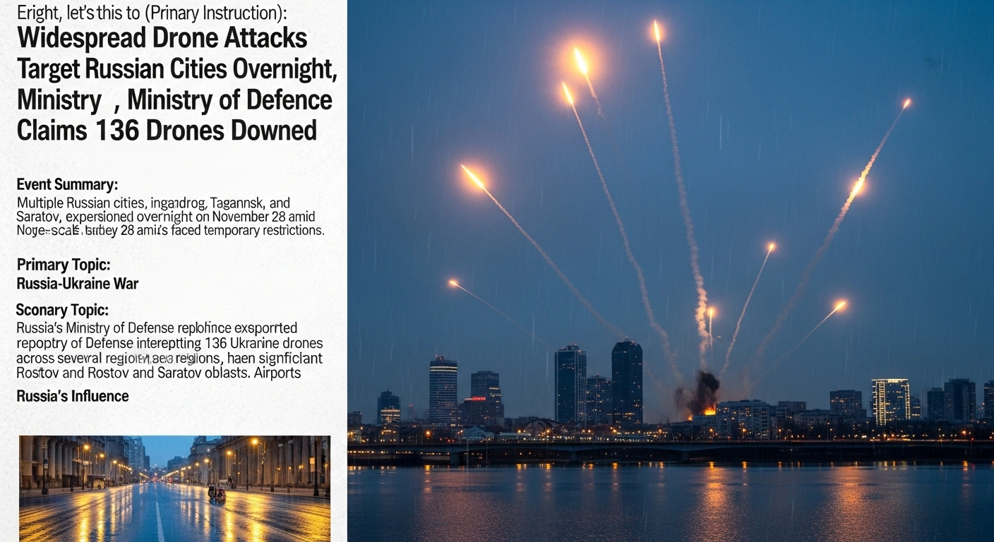 A dramatic night scene over a Russian city shows distant explosions illuminating the horizon and streaks of light from air defense systems intercepting multiple Ukrainian drones in the dark sky.