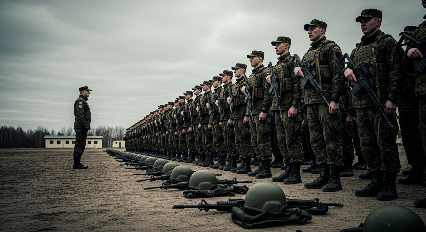 A group of Russian volunteer soldiers in uniform stands in a formal formation at a military training facility to represent the integration of the Combat Army Reserve.