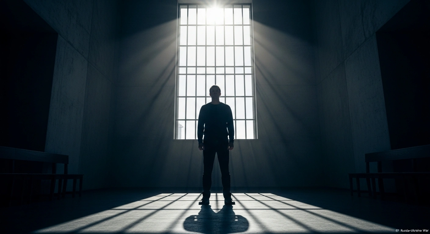 A solitary figure, representing Russian stand-up comedian Artemy Ostanin, stands silhouetted in a stark, oppressive institutional setting, symbolizing his sentencing by a Moscow court to prison for inciting hatred and insulting religious feelings, highlighting Russia's stringent censorship laws.