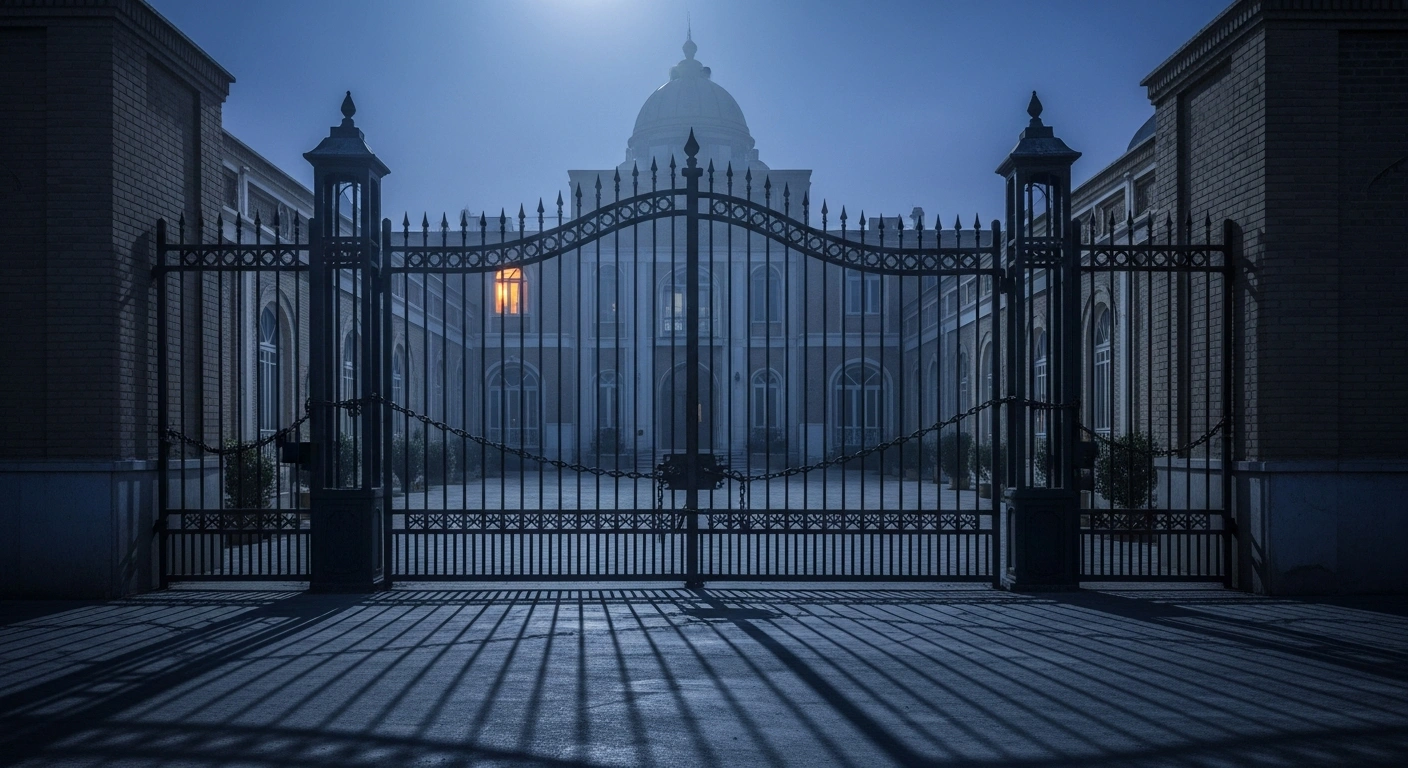 The exterior of the Russian consulate in Isfahan, Iran, appears closed and secured during a period of regional military instability.