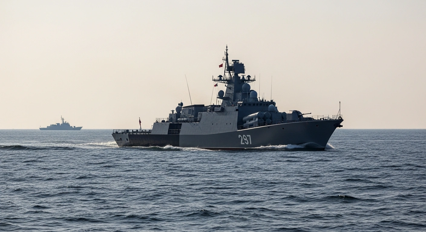 A sleek, dark Russian Navy corvette, the 'Gremyashchiy' (hull number 337), cuts through choppy, steel-grey waters of the Tsugaru Strait under muted morning light, with a distant Japanese patrol vessel observing its passage.