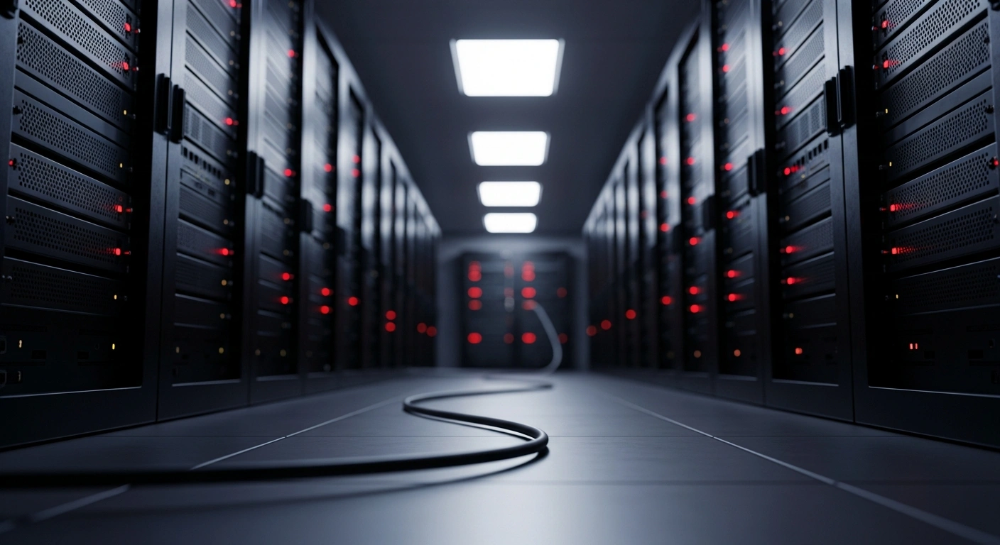 A dark server room with glowing red router lights illustrates a sophisticated cyber espionage campaign targeting critical infrastructure.