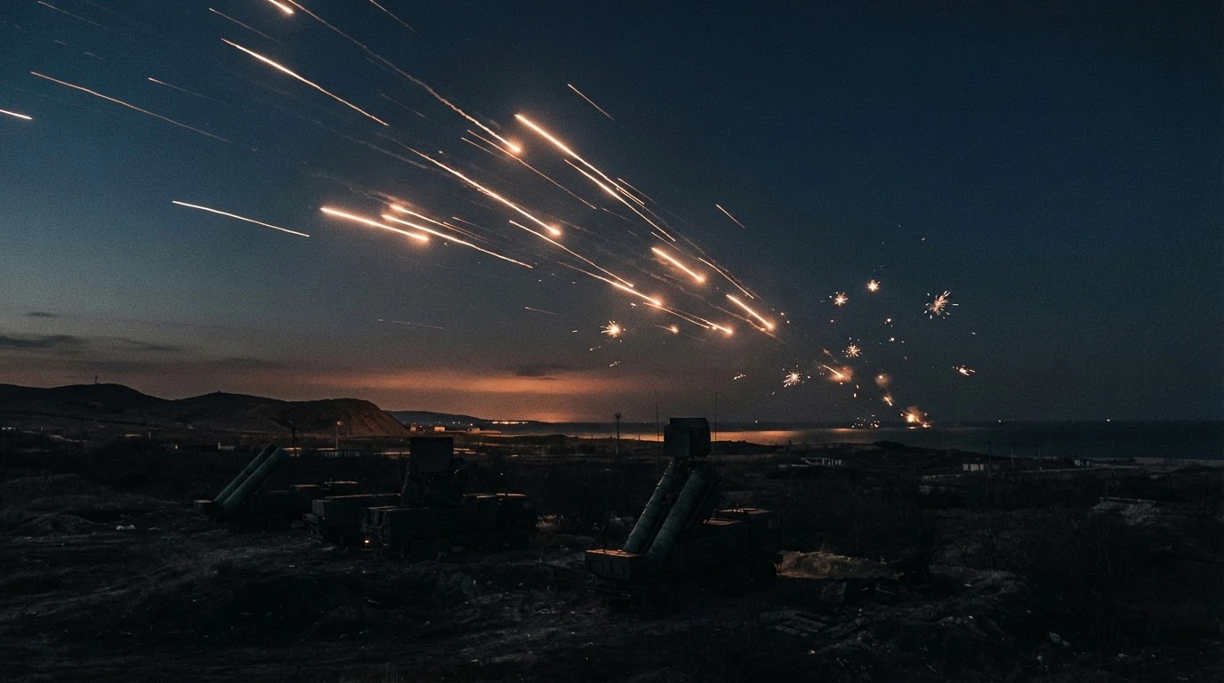 Russian air defense systems fire missiles into the night sky to intercept numerous incoming drones over a dark landscape.