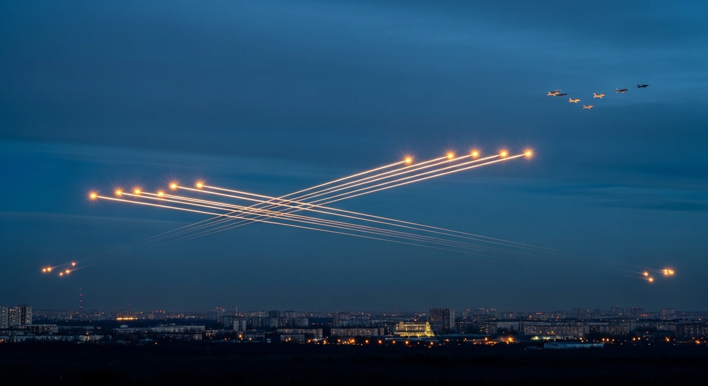 Russian air defense systems fire interceptor missiles into the night sky to neutralize Ukrainian drones over the Moscow region.