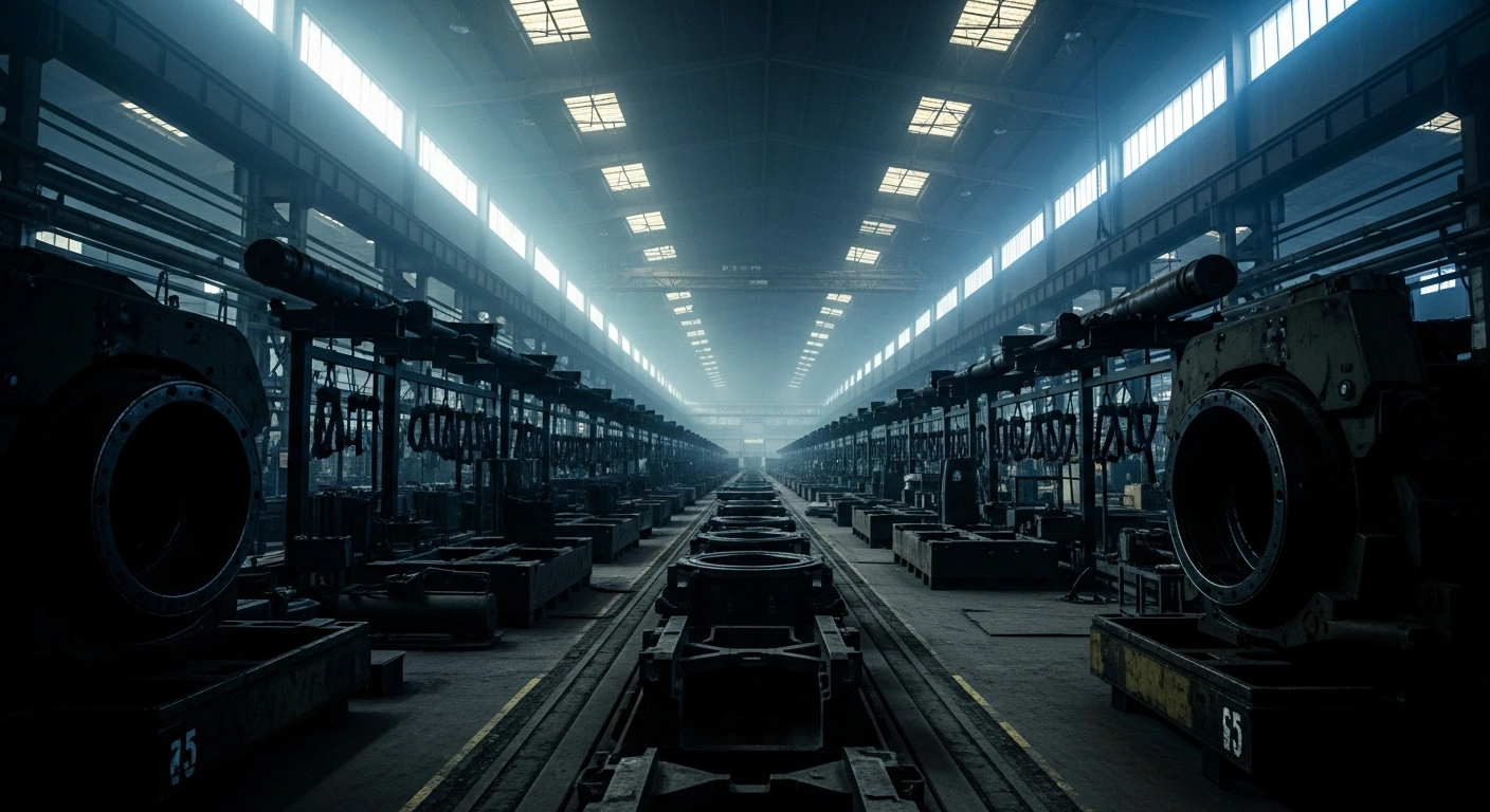 A vast, dimly lit Russian defense manufacturing facility shows heavy machinery and industrial equipment operating at maximum capacity.