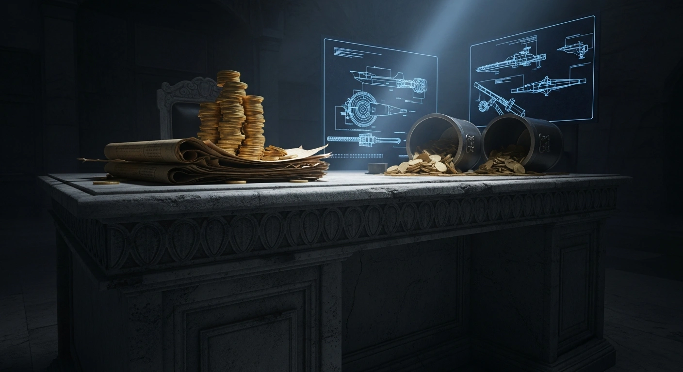 A stack of gold coins rests on top of old financial ledgers in a dark office, symbolizing the economic strain caused by high Russian defense spending.