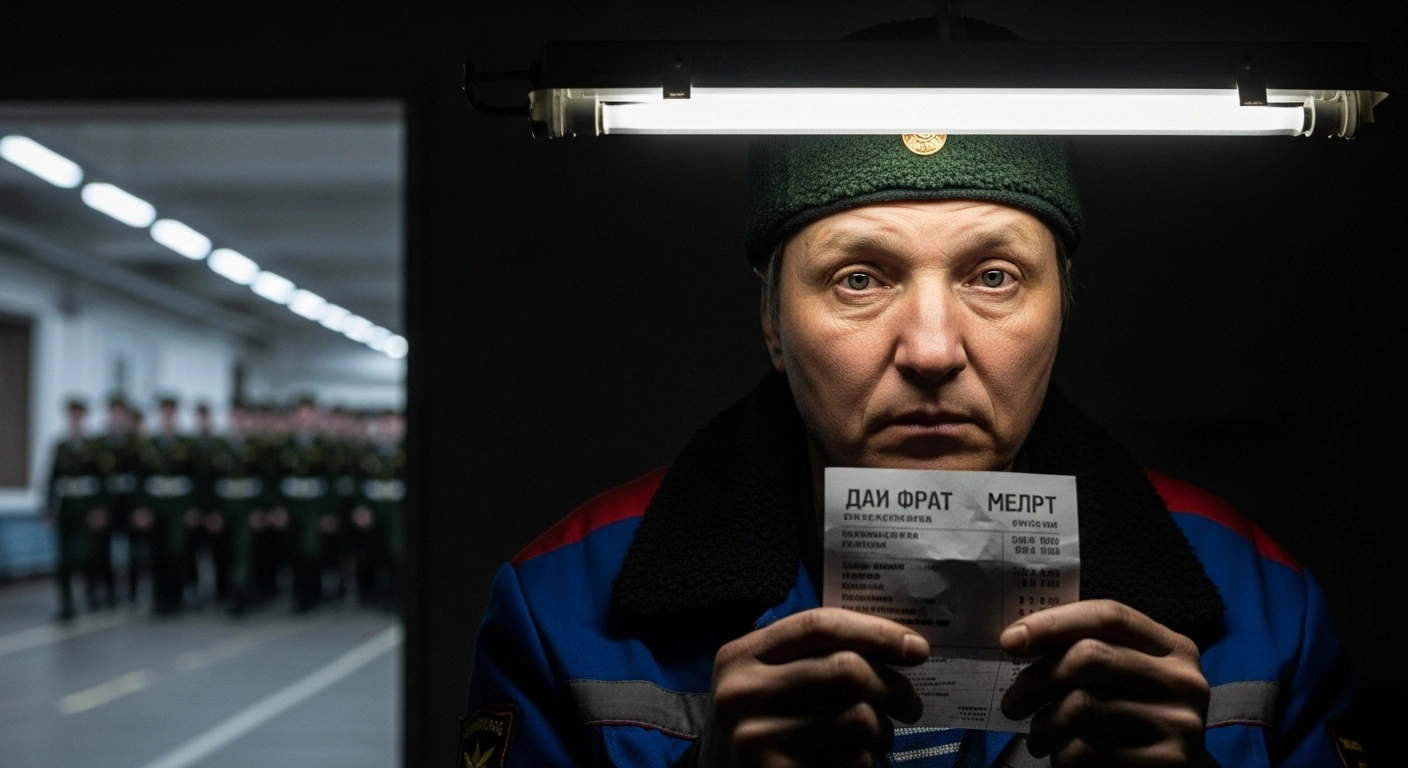 A weary Russian defense factory worker in a dimly lit plant holds a crumpled pay slip, with new military recruits visible marching in the blurred background, illustrating declining wages amidst increased military spending.