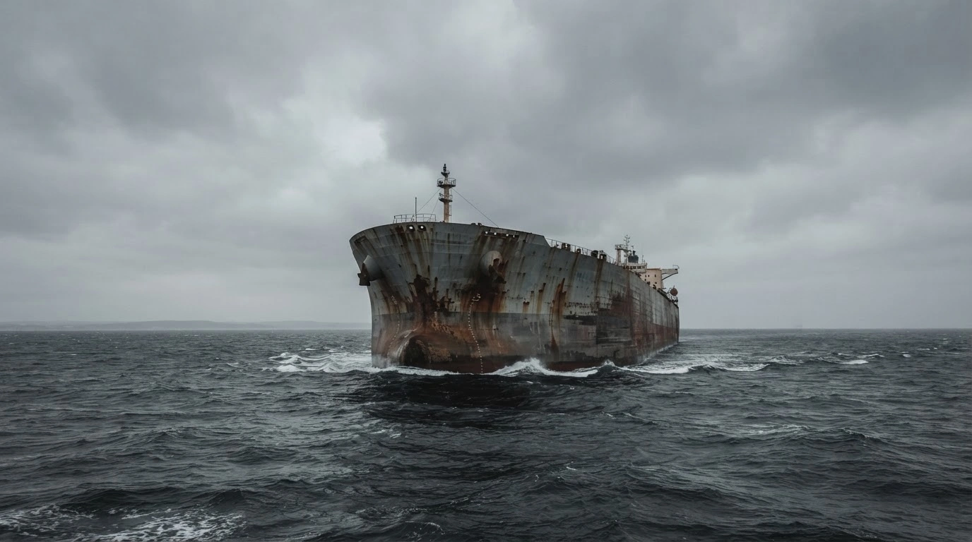 A large oil tanker sails across a dark ocean representing the complex status of Russian diesel exports and energy commerce under international sanctions.