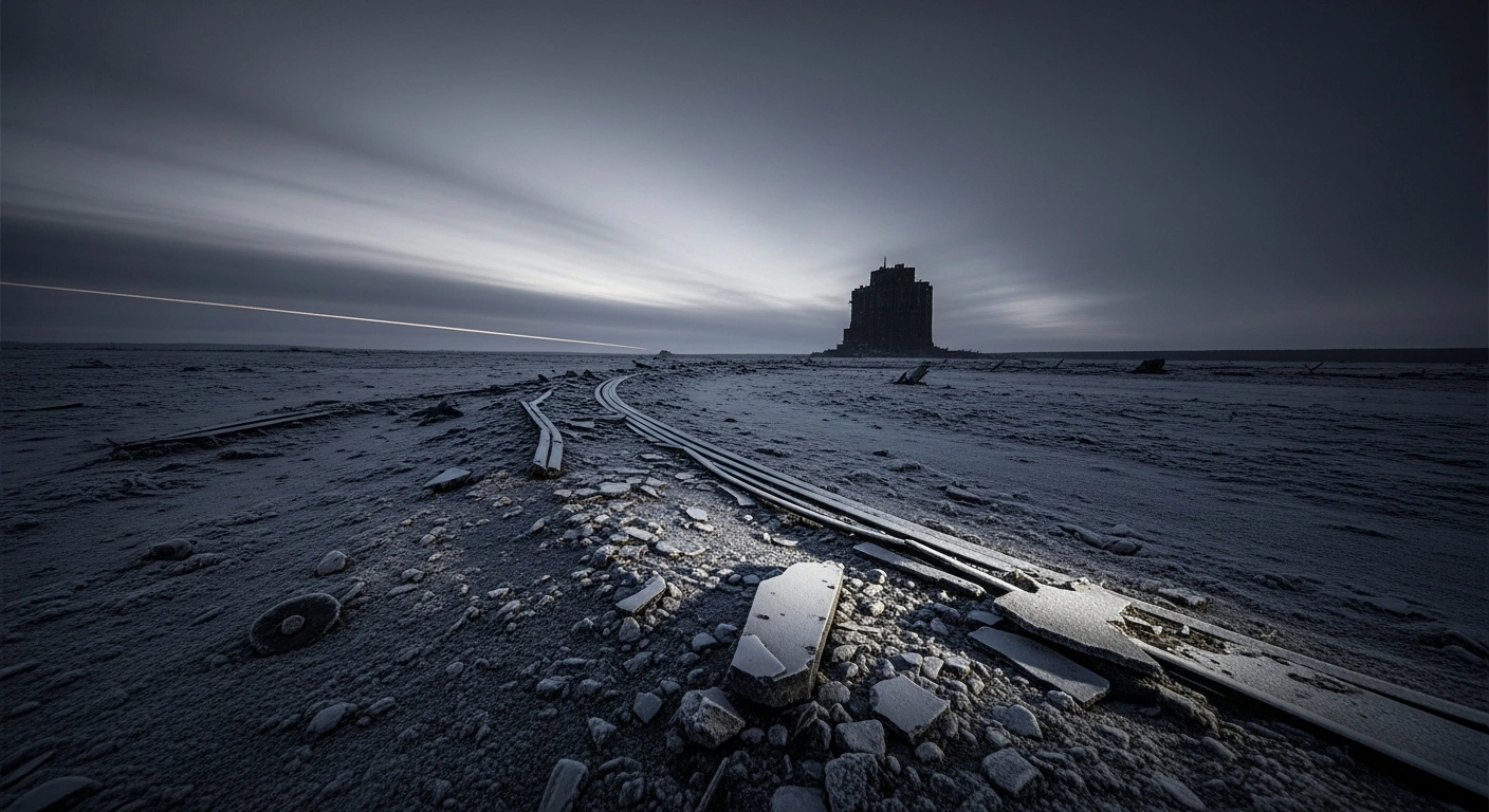 A wide, low-angle shot captures a desolate, frost-bitten landscape with subtle signs of recent impact, leading towards a distant, imposing state residence under a bruised, overcast sky, symbolizing the tension surrounding alleged drone attacks on President Putin's residence and the Kherson region.
