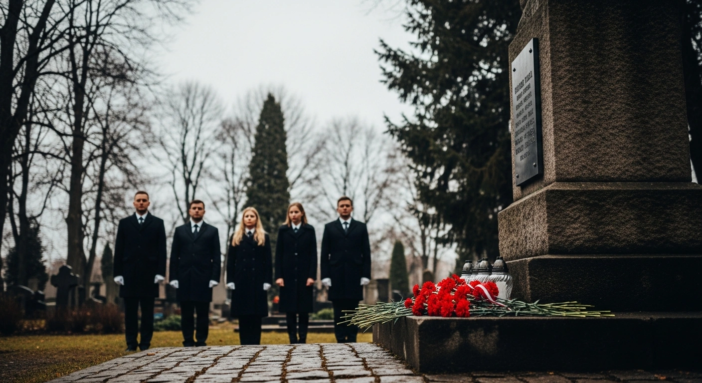 Russian embassy diplomats lay flowers at a memorial in the Riga Garrison Cemetery during a Navy Day commemoration ceremony.