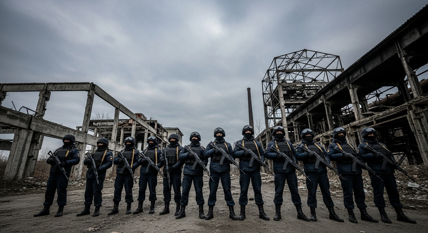 A wide, low-angle shot shows a patrol of heavily armed Russian National Guard and police officers standing amidst the ruined industrial complex of Ukraine's Donbas region under an overcast sky, symbolizing Russia's intent to maintain control.