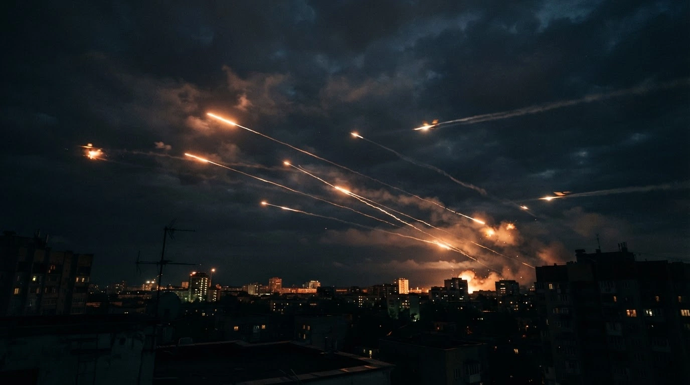 Ukrainian air defenses fire at night to intercept a massive swarm of Russian jet-powered strike drones during an aerial assault.