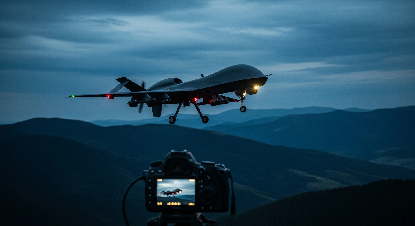 A military drone flies through the sky over the Romanian landscape during a violation of national airspace.