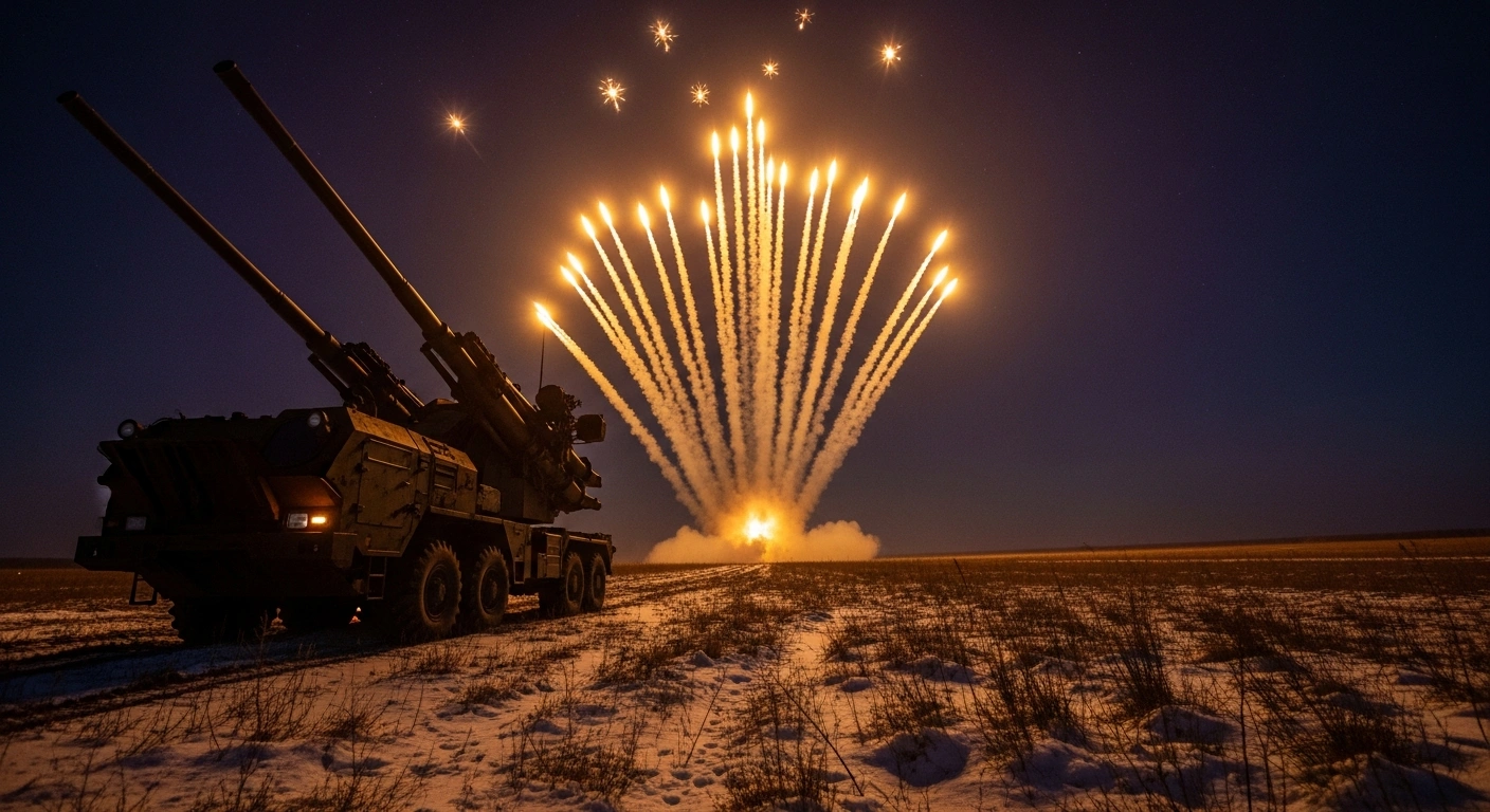 A powerful Russian anti-aircraft system fires interceptor missiles into a dark night sky, targeting multiple incoming Ukrainian drones over a desolate, snow-dusted landscape.