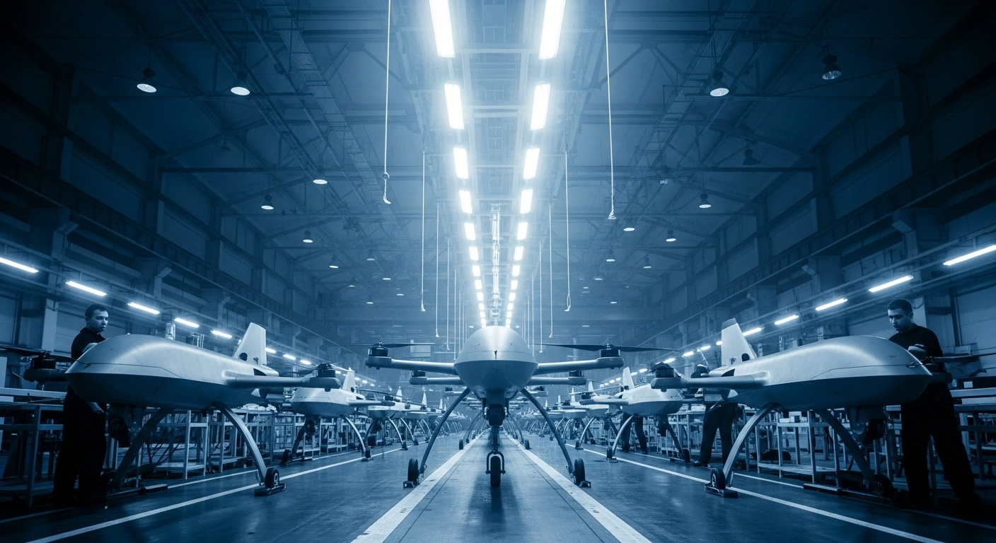 A wide view of a Russian manufacturing facility showing a significant increase in the production of military drones during April 2026.